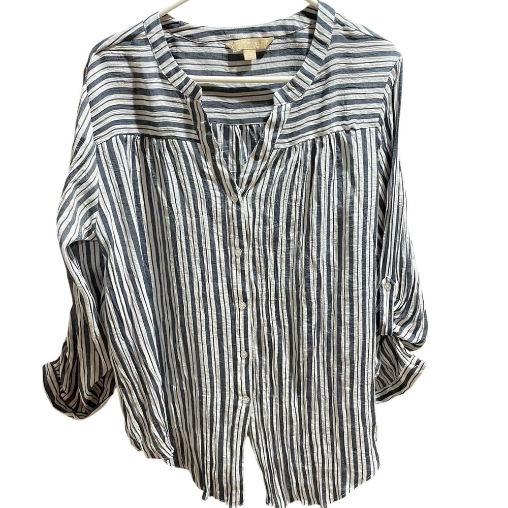 Hope & Harlow White and Black Relaxed 3/4 Sleeve Button Down Shirt